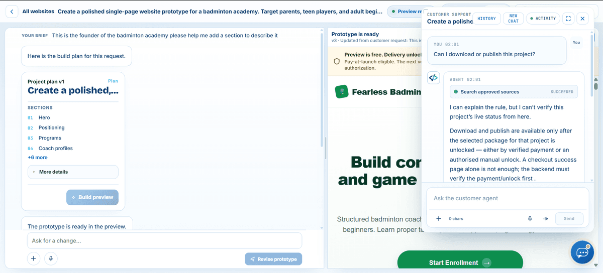 Agentic CS customer chat answering a project access question from approved sources without promising a refund