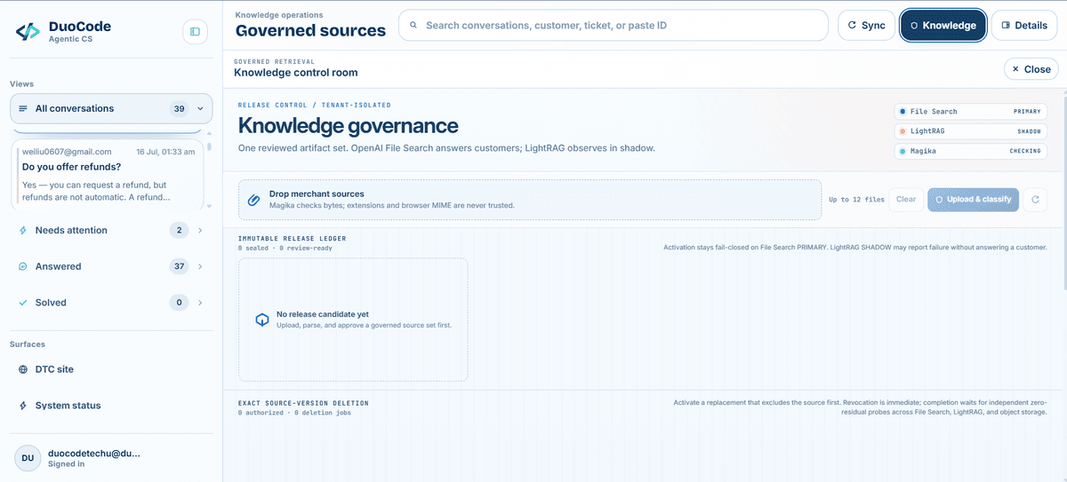 Agentic CS knowledge governance control room for reviewing and releasing approved sources
