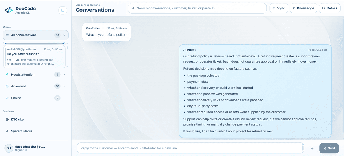 Agentic CS operator console showing a refund-policy conversation with the AI answer and its sources