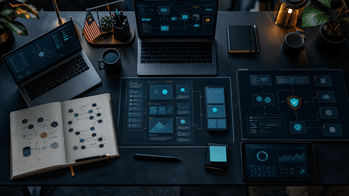 DuoCode engineering studio desk showing AI architecture, product cockpit, and secure automation workstreams