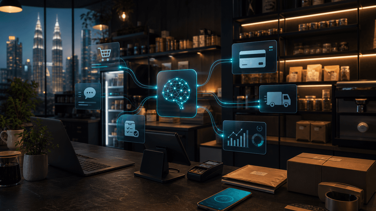 Malaysian SME commerce counter connected by DuoCode AI, payments, inventory, delivery, and analytics workflows
